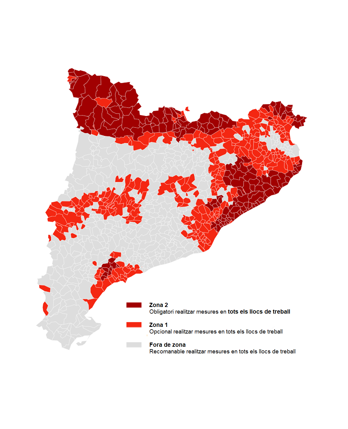 Mapa de zones de risc gas radó per zones 1 i zona 2